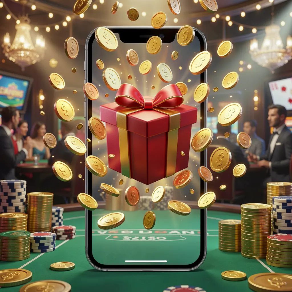 PHAAAA mobile casino bonus app concept showing a phone screen with a gift box and coins bursting out in a festive casino atmosphere