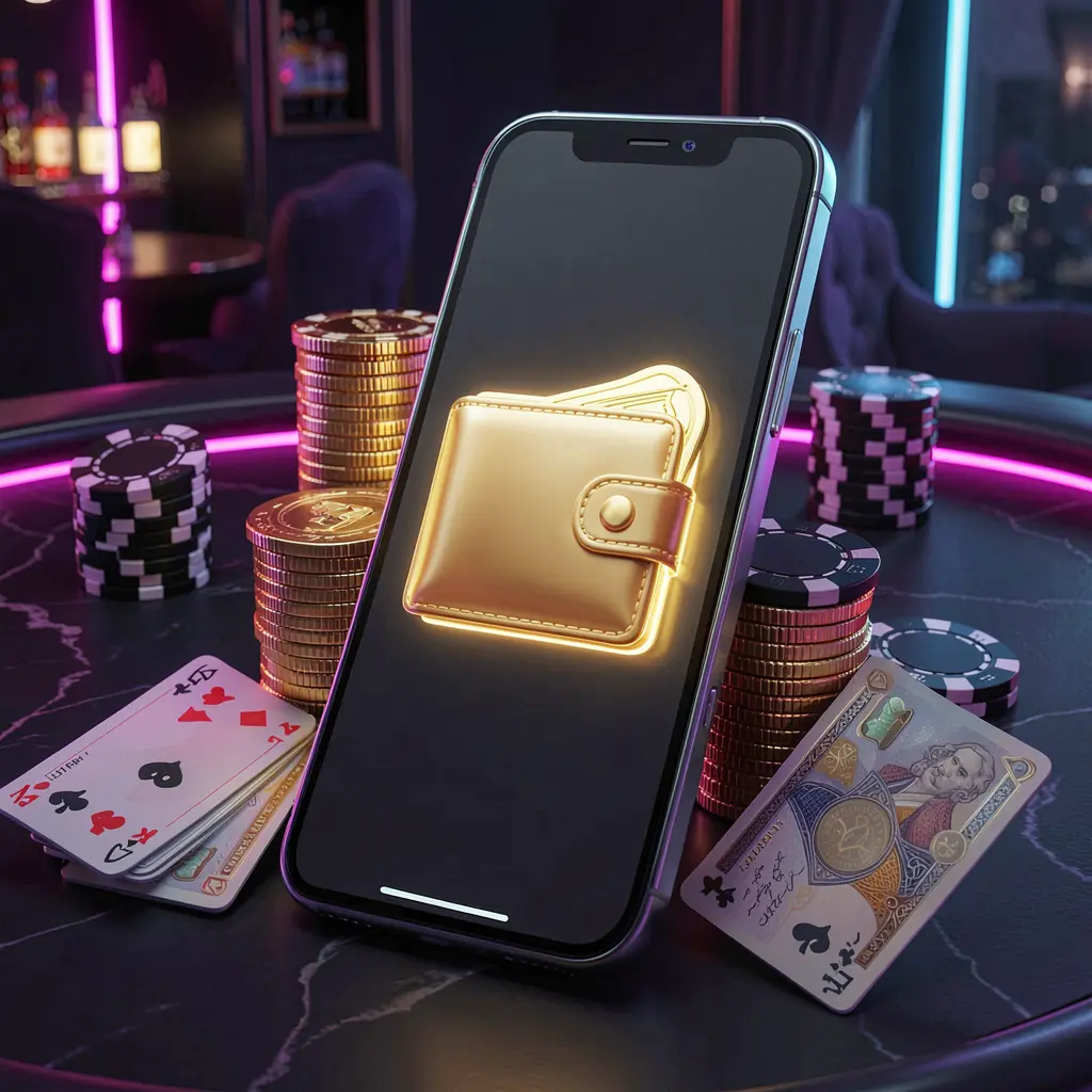PHAAAA online casino deposit bonus concept with a smartphone screen displaying a glowing wallet icon surrounded by stacks of golden coins, poker chips, and bank cards on a dark luxury background with neon highlights in a realistic 3D style