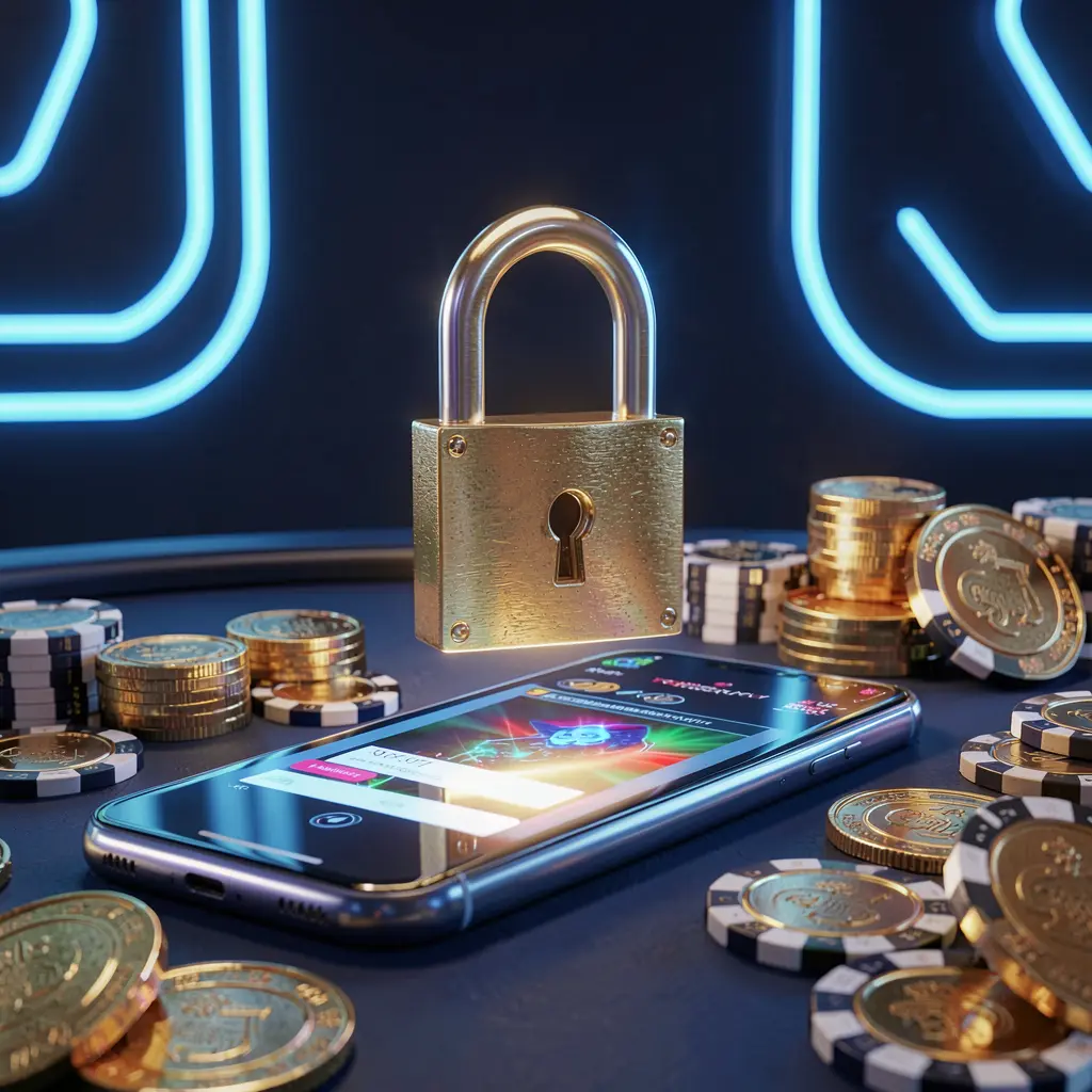 PHAAAA casino login security image featuring a glowing padlock floating above a smartphone with golden coins and chips scattered around on a dark blue neon background in a premium realistic 3D render