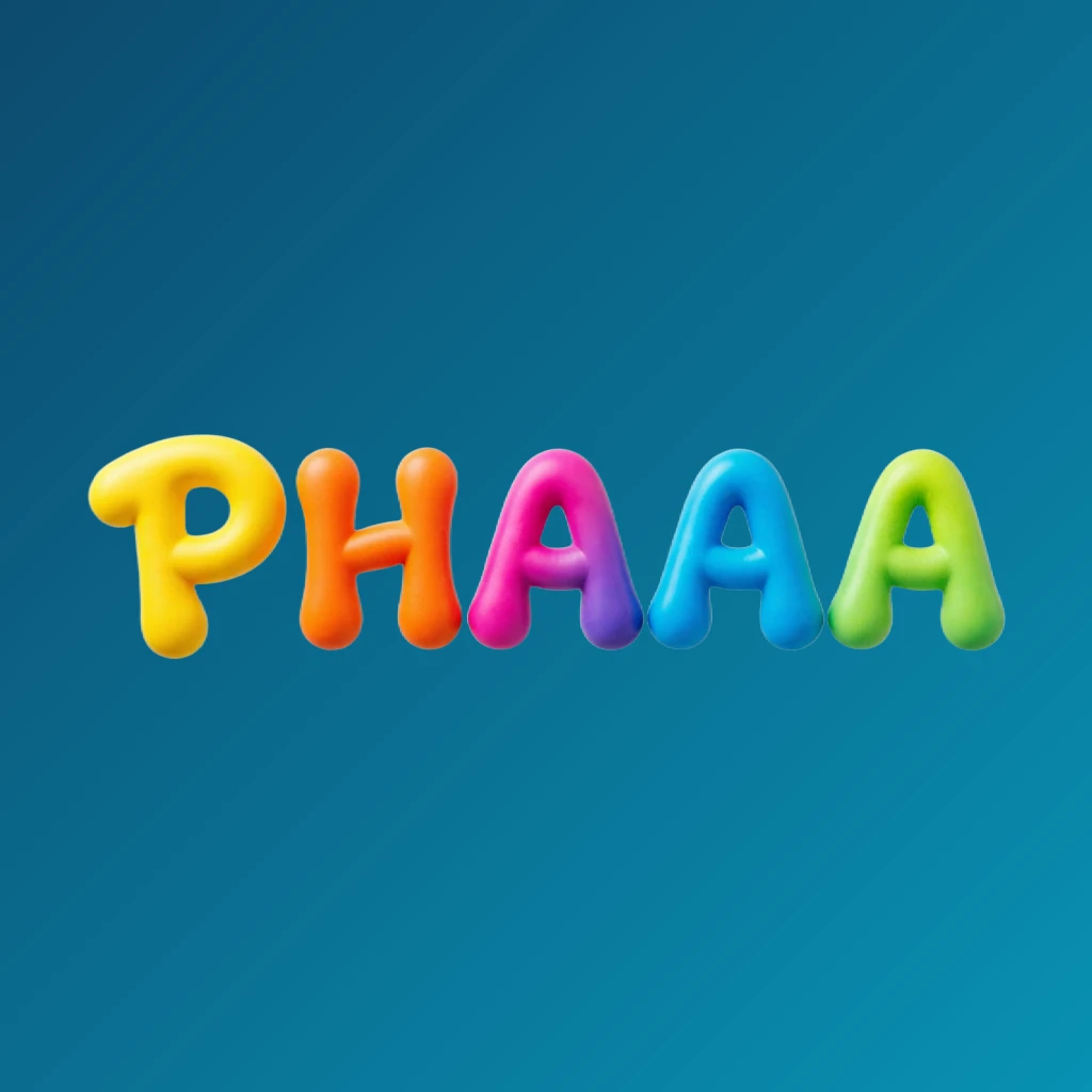 PHAAAA playful entertainment logo with bright colors and rounded typography in a joyful modern style, displayed as a horizontal rectangular wordmark with a transparent background for a website header