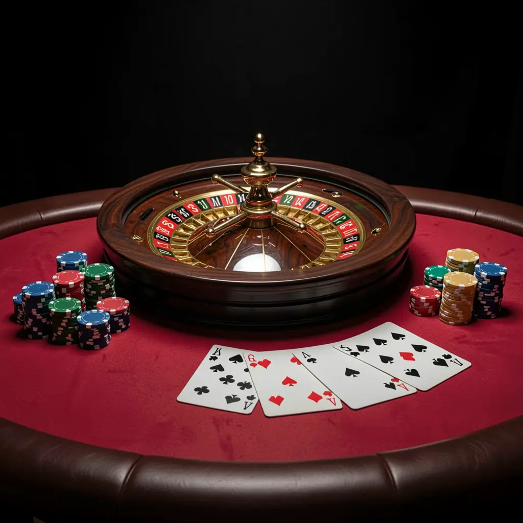 PHAAAA online casino platform hero image featuring an elegant gaming table with roulette, blackjack cards, poker chips, and coins under luxury cinematic lighting with a black and red background